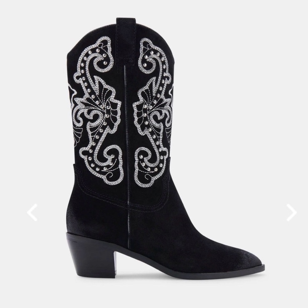 Dolce Vita Black Suede Sula Cowboy‎ Boot Western Silver Embroidered 7.5
